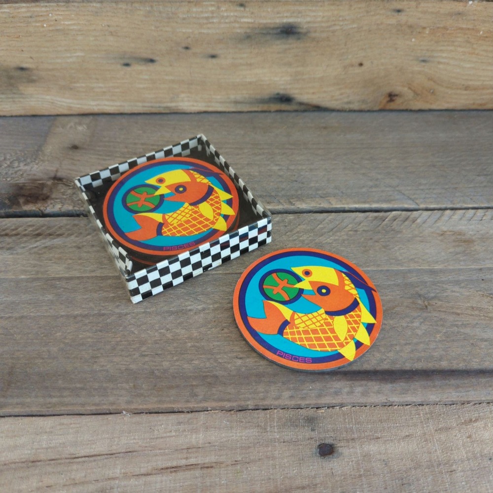 Vintage 1980s Set of 6 Zodiac Pisces Die Cut Cardboard Coasters by Party House